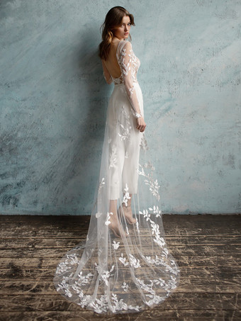 ブライダルジャンプスーツ ストレッチクレープアップリケ アンクル丈ジャンプスーツ ジュエルネック 長袖 ナチュラルウエスト アイボリー