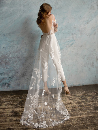 ブライダルジャンプスーツ ストレッチクレープアップリケ アンクル丈ジャンプスーツ ジュエルネック 長袖 ナチュラルウエスト アイボリー