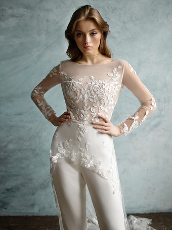 ブライダルジャンプスーツ ストレッチクレープアップリケ アンクル丈ジャンプスーツ ジュエルネック 長袖 ナチュラルウエスト アイボリー