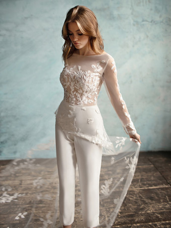 ブライダルジャンプスーツ ストレッチクレープアップリケ アンクル丈ジャンプスーツ ジュエルネック 長袖 ナチュラルウエスト アイボリー