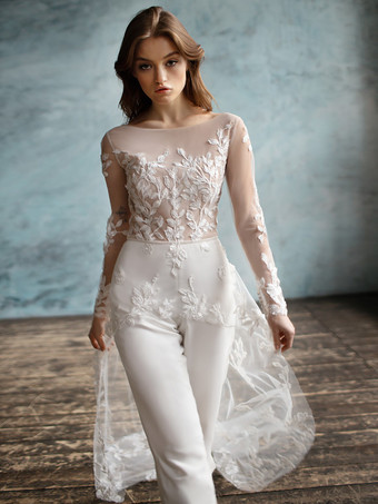 ブライダルジャンプスーツ ストレッチクレープアップリケ アンクル丈ジャンプスーツ ジュエルネック 長袖 ナチュラルウエスト アイボリー