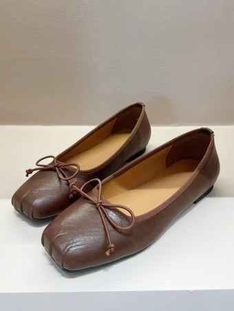 ブラウン レディース ボウ スクエアトゥ バレエフラット