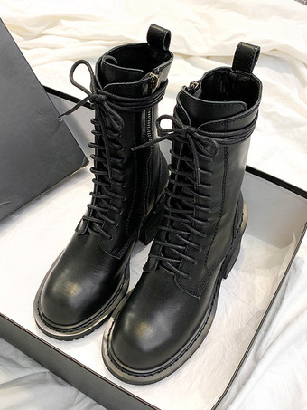 レディース ブラック アンクルブーツ レースアップ ラウンドトゥ フラット ブーティ