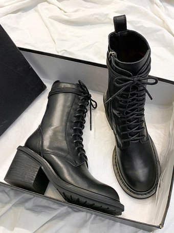 レディース ブラック アンクルブーツ レースアップ ラウンドトゥ フラット ブーティ