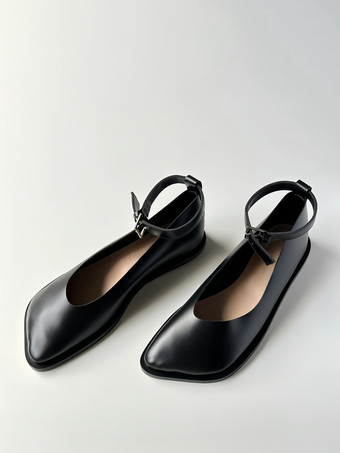 ブラック レディース バレエ フラット デザイン つま先 アンクル ストラップ バレリーナ フラット シューズ