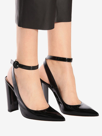 ブラック ハイヒール パンプス スリングバック ポインテッドトゥ アンクルストラップ ドレスシューズ