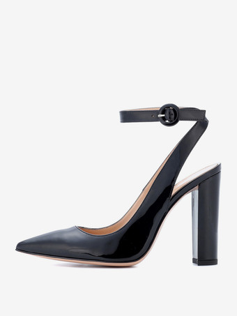 ブラック ハイヒール パンプス スリングバック ポインテッドトゥ アンクルストラップ ドレスシューズ