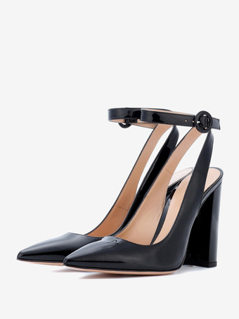 ブラック ブラック ハイヒール パンプス スリングバック ポインテッドトゥ アンクルストラップ ドレスシューズ