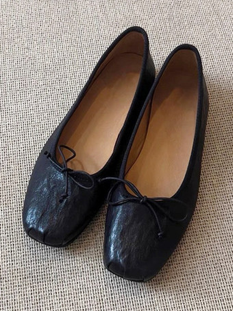 ブラック レディース ボウ スクエアトゥ バレエフラット