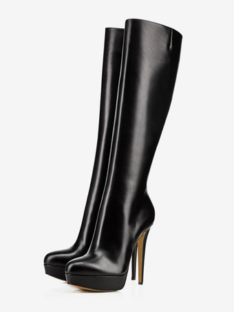 ブラック プラットフォーム ニーハイブーツ ラウンドトゥ ハイヒールブーツ