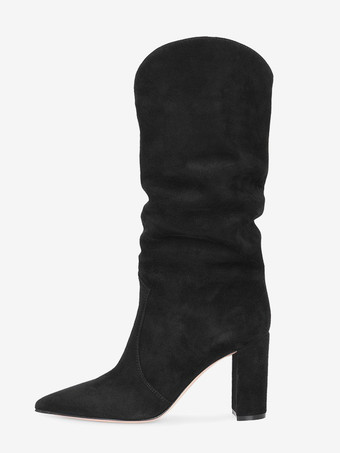 ブラック スエード スラウチブーツ ポインテッドトゥ チャンキーヒール ミッドカーフブーツ