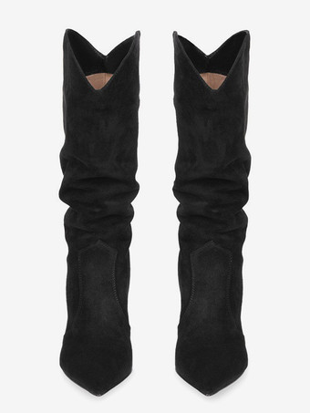 ブラック スエード スラウチブーツ ポインテッドトゥ チャンキーヒール ミッドカーフブーツ