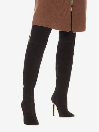 Botas altas hasta el muslo de gamuza Punta puntiaguda Detalle de cremallera Tacón alto Botas sobre la rodilla