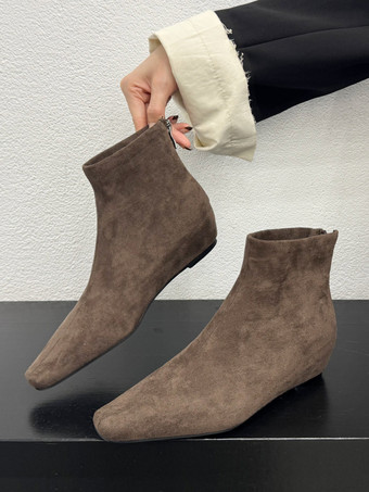 ブラウン レディース アンクルブーツ キャメル スエード スクエアトゥ フラットブーティ