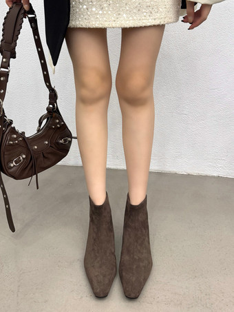 レディース アンクルブーツ キャメル スエード スクエアトゥ フラットブーティ