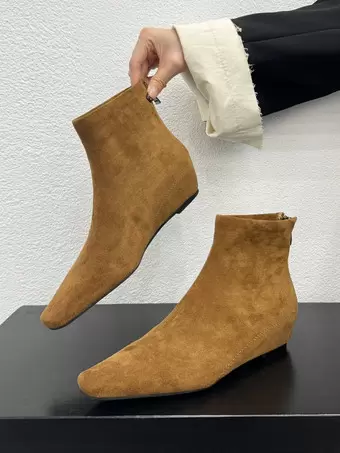 Women Ankle Boots Camel Suede Square Toe Flat Booties