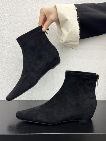 ブラック レディース アンクルブーツ キャメル スエード スクエアトゥ フラットブーティ