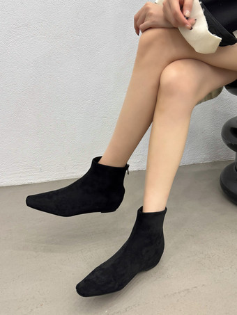 レディース アンクルブーツ キャメル スエード スクエアトゥ フラットブーティ