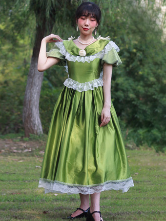 グリーン レトロ コスチューム 花柄 ポリエステル ドレス マリー アントワネット コスチューム レディース レトロ パーティー プロム ドレス