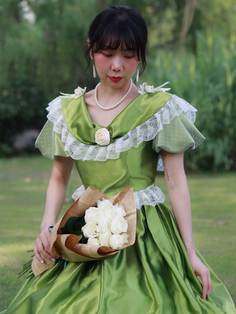 グリーン レトロ コスチューム 花柄 ポリエステル ドレス マリー アントワネット コスチューム レディース レトロ パーティー プロム ドレス