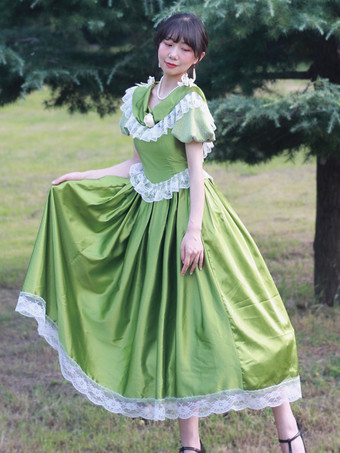 グリーン レトロ コスチューム 花柄 ポリエステル ドレス マリー アントワネット コスチューム レディース レトロ パーティー プロム ドレス