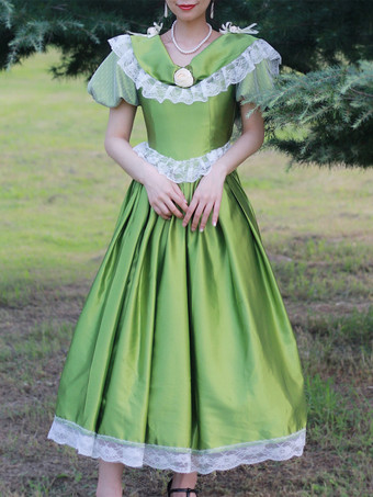 グリーン レトロ コスチューム 花柄 ポリエステル ドレス マリー アントワネット コスチューム レディース レトロ パーティー プロム ドレス