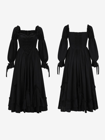 ブラック レトロ コスチューム レディース フリル ティアード コットン ブレンド ドレス マリー アントワネット コスチューム ウエスタン ヴィンテージ クロージング