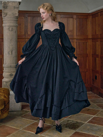 ブラック ブラック レトロ コスチューム レディース フリル ティアード コットン ブレンド ドレス マリー アントワネット コスチューム ウエスタン ヴィンテージ クロージング