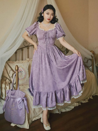 パープル クラシカルロリータドレス ポリエステル 半袖 ジャカードロリータドレス クラシックパープル