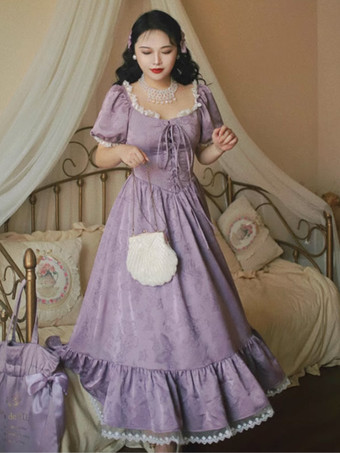 クラシカルロリータドレス ポリエステル 半袖 ジャカードロリータドレス クラシックパープル