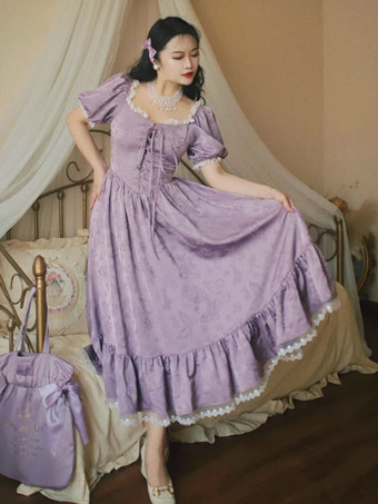 クラシカルロリータドレス ポリエステル 半袖 ジャカードロリータドレス クラシックパープル