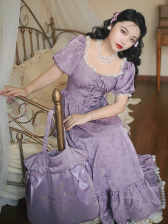 クラシカルロリータドレス ポリエステル 半袖 ジャカードロリータドレス クラシックパープル