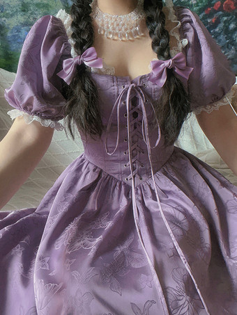 クラシカルロリータドレス ポリエステル 半袖 ジャカードロリータドレス クラシックパープル