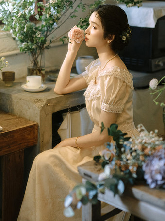 クラシカルロリータドレス ポリエステルレース 半袖 ロリータドレス クラシックエクリュ ホワイト