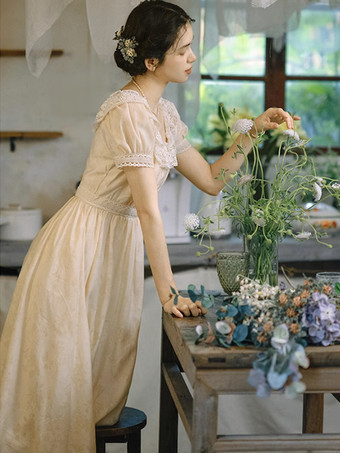 クラシカルロリータドレス ポリエステルレース 半袖 ロリータドレス クラシックエクリュ ホワイト