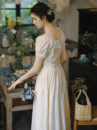 クラシカルロリータドレス ポリエステルレース 半袖 ロリータドレス クラシックエクリュ ホワイト