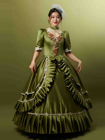 ハンターグリーン レトロコスチューム フリル ポリエステル帽子 レディース マリーアントワネットコスチューム レトロパーティー プロムドレス