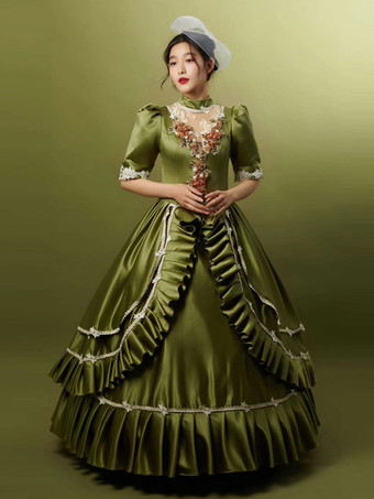 ハンターグリーン レトロコスチューム フリル ポリエステル帽子 レディース マリーアントワネットコスチューム レトロパーティー プロムドレス