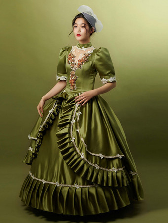 ハンターグリーン レトロコスチューム フリル ポリエステル帽子 レディース マリーアントワネットコスチューム レトロパーティー プロムドレス