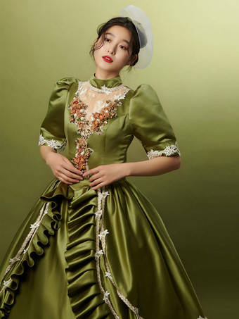 ハンターグリーン レトロコスチューム フリル ポリエステル帽子 レディース マリーアントワネットコスチューム レトロパーティー プロムドレス