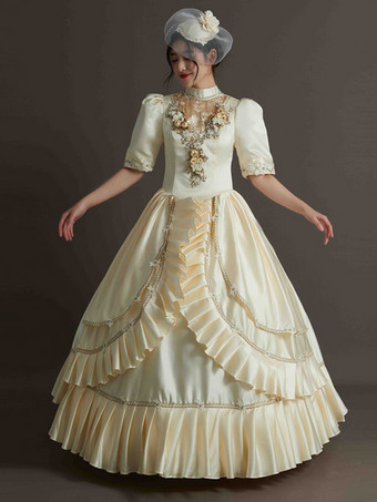 シャンパンカラーハンターグリーン レトロコスチューム フリル ポリエステル帽子 レディース マリーアントワネットコスチューム レトロパーティー プロムドレス