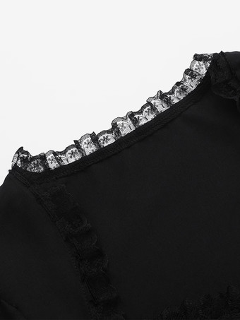 ゴシックロリータブラウス ブラックロリータトップス 半袖 レースフリル ロリータシャツ