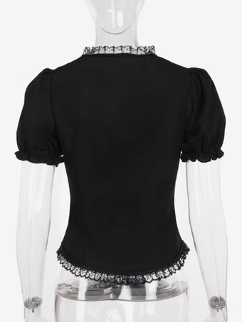 ゴシックロリータブラウス ブラックロリータトップス 半袖 レースフリル ロリータシャツ