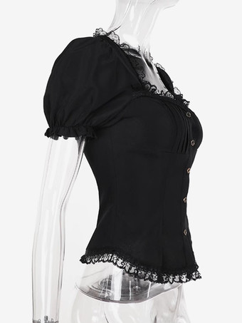 ゴシックロリータブラウス ブラックロリータトップス 半袖 レースフリル ロリータシャツ