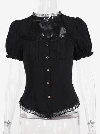 ゴシックロリータブラウス ブラックロリータトップス 半袖 レースフリル ロリータシャツ