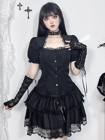 ゴシックロリータブラウス ブラックロリータトップス 半袖 レースフリル ロリータシャツ
