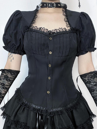 ゴシックロリータブラウス ブラックロリータトップス 半袖 レースフリル ロリータシャツ