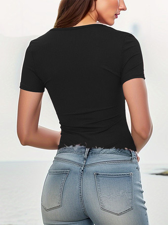 半袖ボディスーツ バーガンディ プリーツ Vネック カジュアル ポリエステル レディース トップス