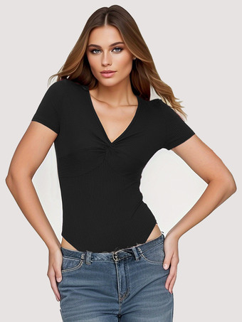 ブラック 半袖ボディスーツ バーガンディ プリーツ Vネック カジュアル ポリエステル レディース トップス