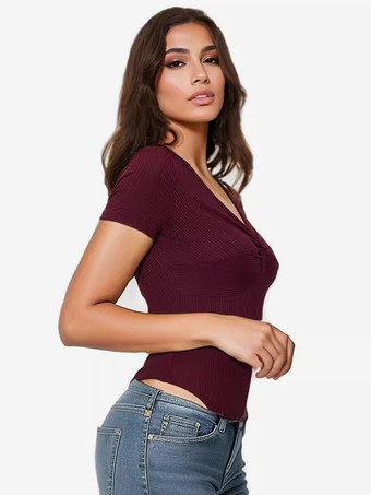 半袖ボディスーツ バーガンディ プリーツ Vネック カジュアル ポリエステル レディース トップス